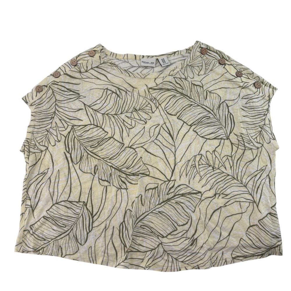 Rachel Zoe Womens 1X Tropical Palm Leaf Linen Blend Button Shoulder Top Yellow